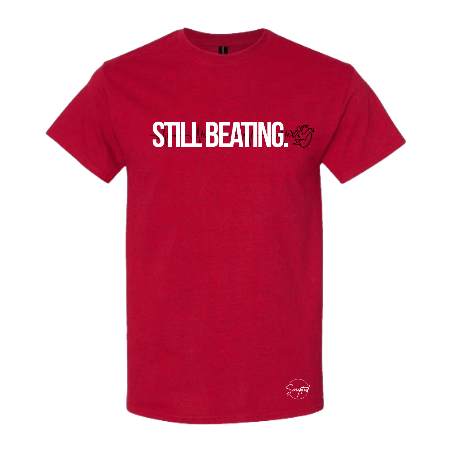 Christian T-Shirt 'Still Beating' in red, featuring a script design and handprint graphic, promoting faith and perseverance.