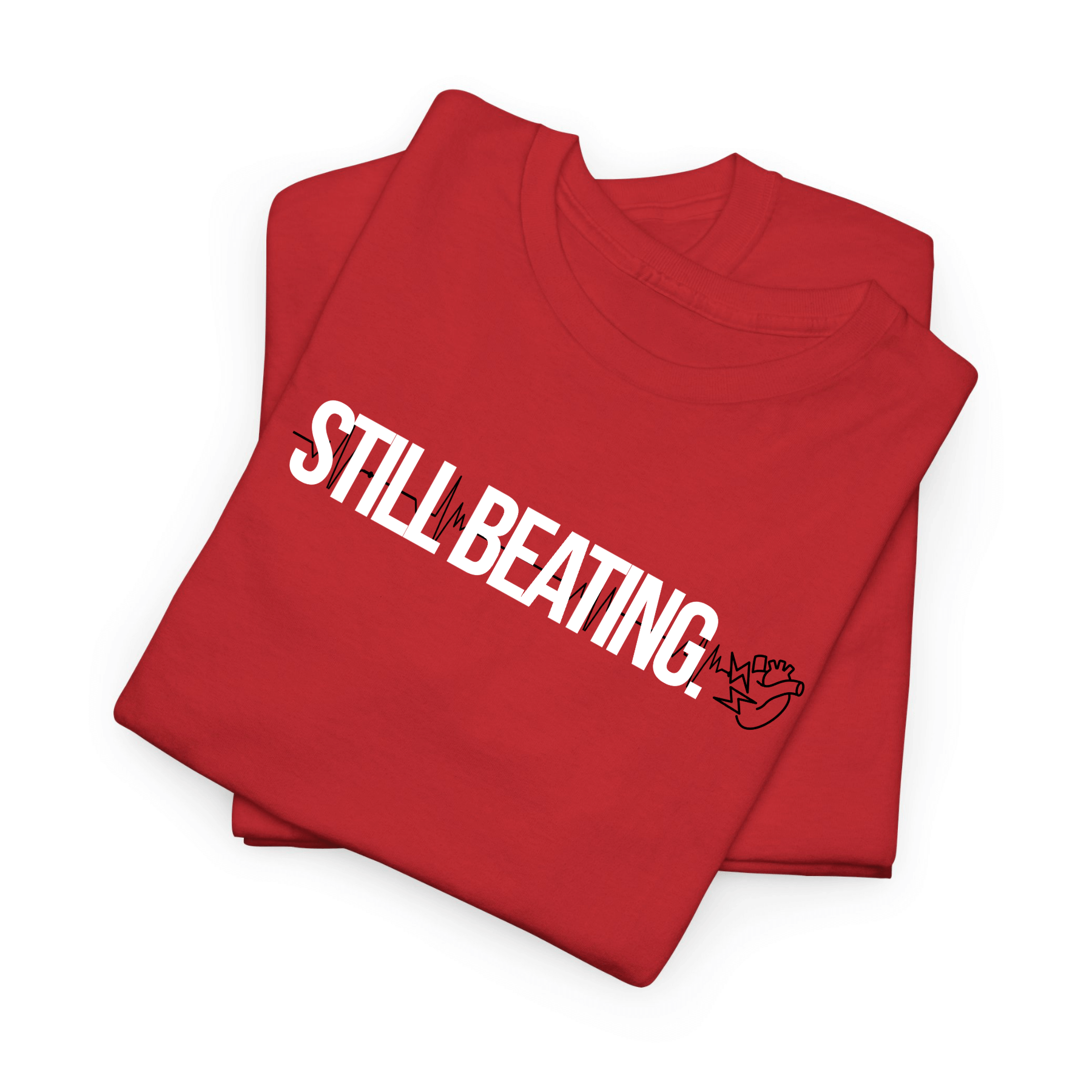 Christian T-Shirt 'Still Beating' design featuring a heartbeat graphic on a red background.